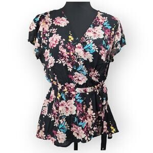 Lily Black Floral Wrap Blouse Short Sleeve Tie Waist Women’s Size Large